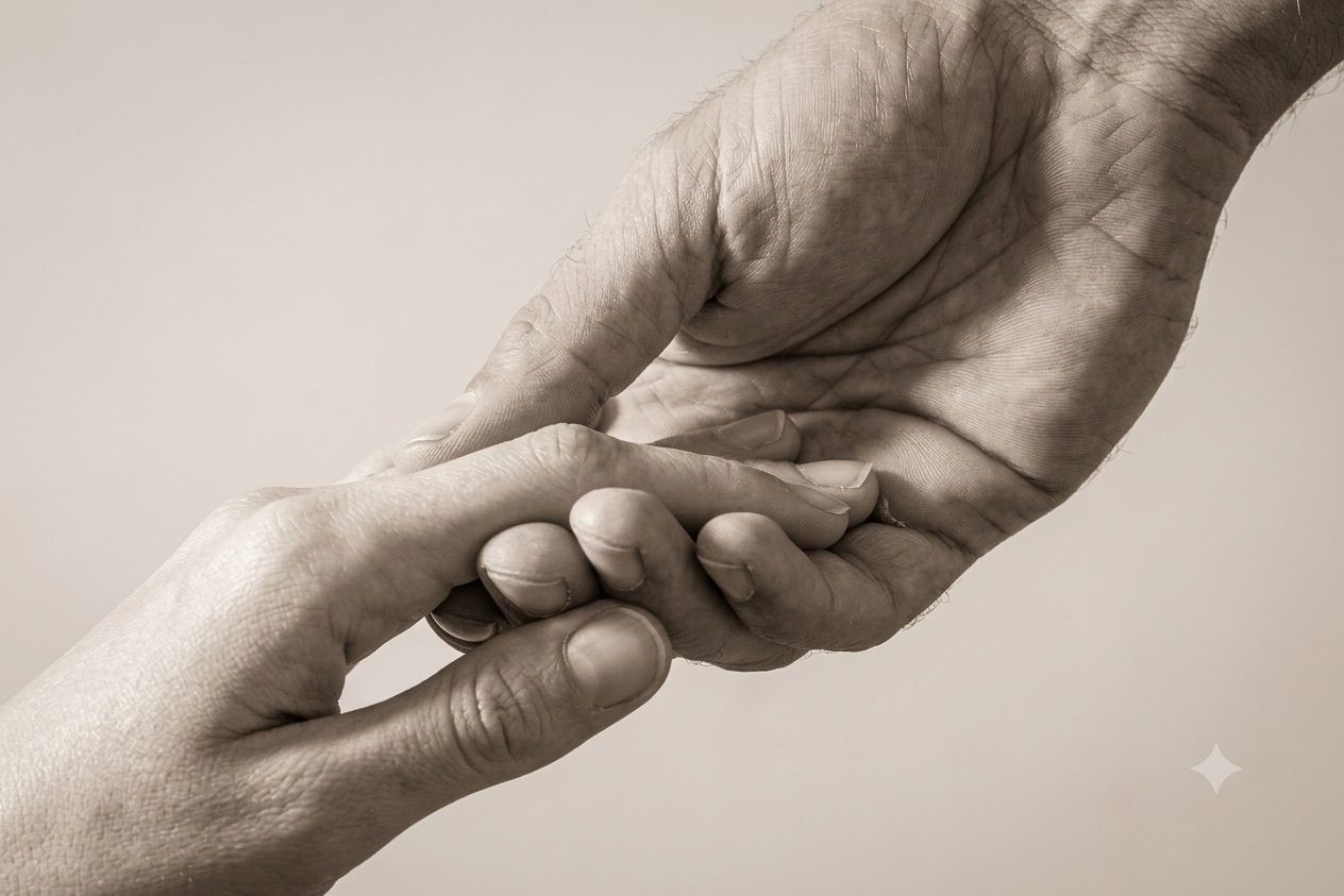 Two hands clasped together — one person helping another in need